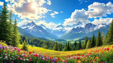 A radiant alpine meadow in full bloom, framed by lush green trees and towering snow-capped mountains under a golden sunlit sky. clipart