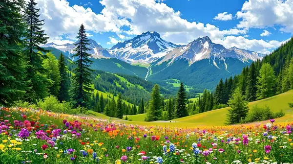 Uçsuz bucaksız ve renkli bir çayırlık, yumuşak bulutlarla dolu dinamik bir gökyüzünün altında, görkemli kar örtülü dağlara doğru uzanıyor..