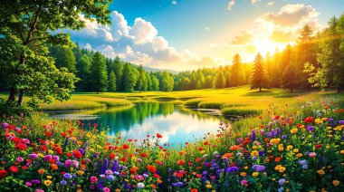 Rengarenk kır çiçekleriyle dolup taşan pitoresk bir çayırlık, yemyeşil ağaçlar ve parlak mavi gökyüzünün altındaki karlı dağ zirveleriyle çevrelenmiş..