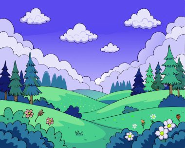 Renkli çiçeklerin, yemyeşil çayırların, yüksek çam ağaçlarının ve dramatik bulutlarla dolu gökyüzünün altında görkemli dağların bulunduğu canlı ve kaprisli bir manzara..