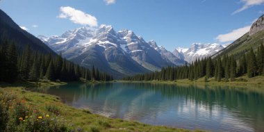 Göz kamaştırıcı bir dağ çayırı canlı kır çiçekleriyle dolu dramatik kayalık tepeler ve yemyeşil ormanlarla çevrelenmiş parlak, altın ışıklı gökyüzü altında..
