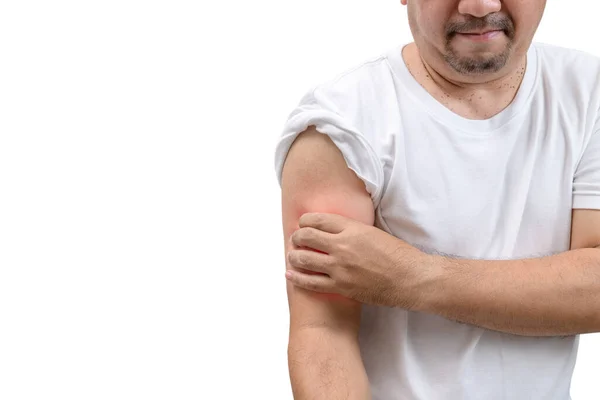 Homem Com Dor Ombro Dor Corpo Humano Isolado Fundo Branco — Fotografia de Stock