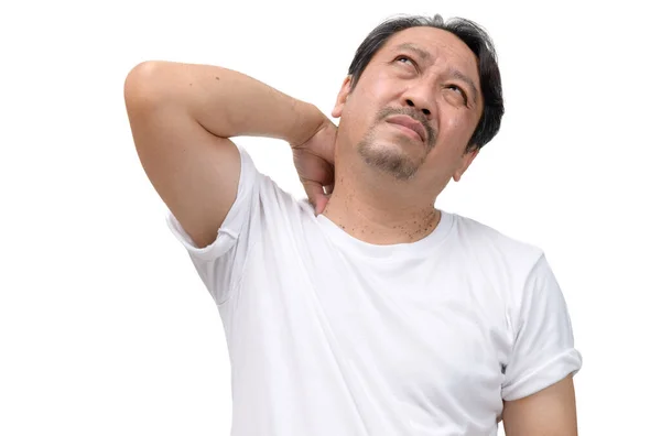 Middle Aged Man Feel Neck Pain Due Working Front Computer — Stock Photo, Image