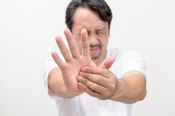 Schmerzen Der Handfläche Mittelalter Leidet Seine Handfläche Mann Massiert Wundbereich — Stockfoto