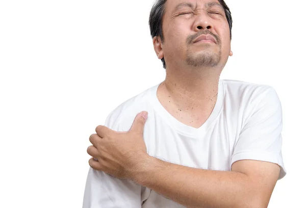 肩膀疼痛的男人 在白色背景下隔离的人身上的疼痛 — 图库照片