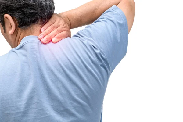 Middle Aged Man Feel Neck Pain Due Working Front Computer — Stock Photo, Image