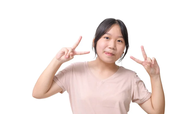 Asijské Dívka Zvedání Ruce Úsměv Izolované Bílém Pozadí Roztomilý Dívka — Stock fotografie