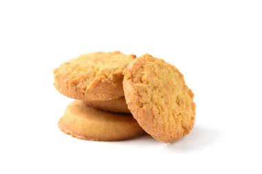 Danimarka tereyağlı kurabiye makrosu. beyaz arka planda şekerli bisküviler. Danimarka pastası ve tatlı yemek konsepti.