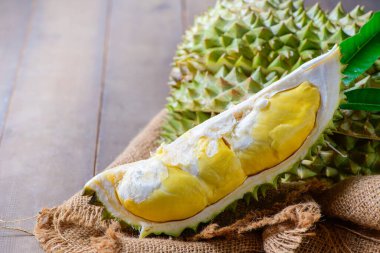 Olgun Durian meyvesi ya da ahşap arka planda sarı kremalı Durio zibethinus. Güneydoğu Asya 'da meyvelerin kralı olarak bilinir. Tayland, Malezya ve Endonezya 'da popülerdir..