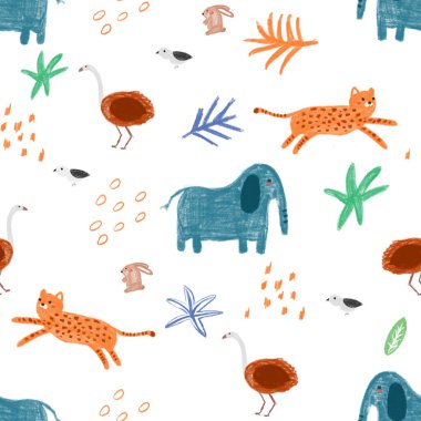 Fil, çita, tavşan ve devekuşu desenleri kusursuz. Kumaş, ambalaj, tekstil, duvar kağıdı, giysi için yaratıcı çocuk dokusu.