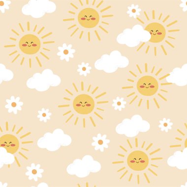 Kusursuz çocuklar gökyüzü desenli güneş ve bulutlarla. Kumaş, ambalaj, tekstil, duvar kağıdı ve kıyafetler için yaratıcı çocuk dokusu. Vektör illüstrasyonu