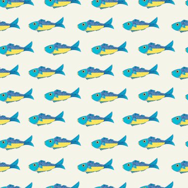 Yaratıcı çocuk dokusu, kumaş, ambalaj, tekstil, duvar kâğıdı ve giysiler için dekoratif, şirin, kusursuz balık deseni. Vektör illüstrasyonu