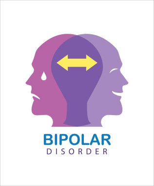 Bipolar bozukluğu olan biri. Bipolar bozukluğun basit bir simgesi. 2 farklı ruh halini gösteren iki kafanın vektör çizimi, manik ve depresif