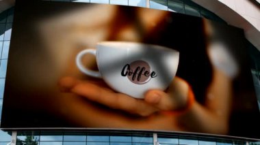 Big screen on the building with coffee shop presentation. Mockup.