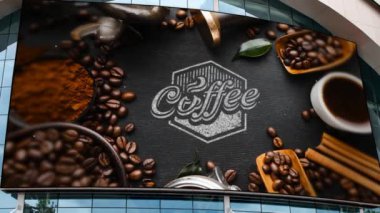 Caddedeki büyük ekranda bir kahve içeceği sunumu.