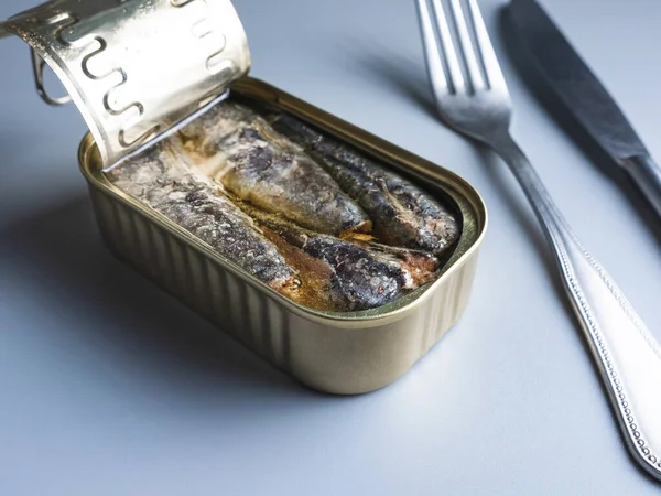 Canned Sardines Knife Fork Isolated Gray Background Stock Fotó