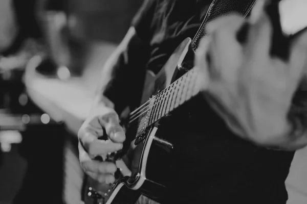 Black White Image Man Playing Electric Guitar Concert Faces Shown — Stok fotoğraf