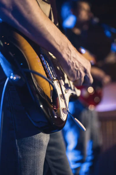 Musician Playing Electric Guitar Concert Faces Shown Shallow Depth Field — ストック写真