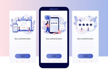 İkili kimlik doğrulaması. Güvenli giriş ya da giriş için onay kodu iletisi. İki faktör doğrulaması. Mobil, akıllı telefon uygulaması için ekran şablonu. Modern düz çizgi film tarzı. Beyaz üzerine vektör illüstrasyonu