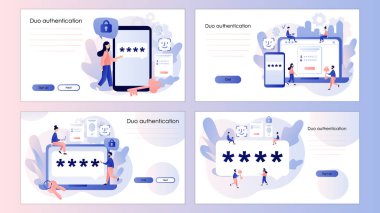 İkili kimlik doğrulaması. Güvenli giriş ya da giriş için onay kodu iletisi. İki faktör doğrulaması. İniş sayfası, şablon, ui, web, mobil uygulama, poster, afiş, el ilanı için ekran şablonu. Vektör