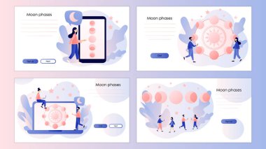 Ay evreleri. Gece uzayı astronomisi. Sihirli Ay büyücülük kartı. Astroloji konsepti. İniş sayfası, şablon, ui, web, mobil uygulama, poster, pankart, illüstrasyon için ekran şablonu