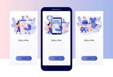 Bebek bakıcılığı servisi. Bebek bakıcılığı kulübü. Dadı mesleği. Çocuk bakımı yardımı. Aile ve kreş. Mobil, akıllı telefon uygulaması için ekran şablonu. Modern düz çizgi film tarzı. Vektör