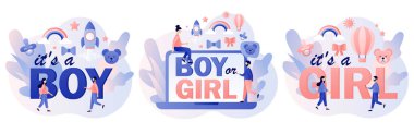 Cinsiyet belirleme partisi. Bebek partisi kutlaması. Erkek ya da kız. Modern düz çizgi film tarzı. Vektör illüstrasyonu