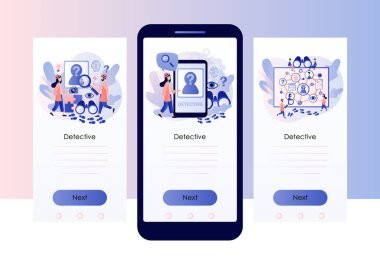 Dedektiflik. Suçu çözen ve suçluları arayan özel dedektif. Deliller aranıyor. Mobil, akıllı telefon uygulaması için ekran şablonu. Modern düz çizgi film tarzı. Vektör