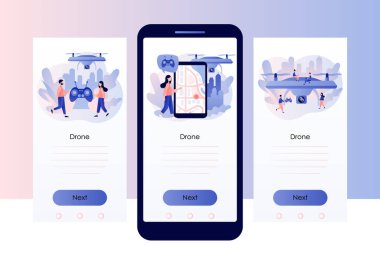 Kameralı İHA. Drone video, hava fotoğrafçılığı, kuadkopter operatörü, hava gözlem servisleri. Mobil, akıllı telefon uygulaması için ekran şablonu. Modern düz çizgi film tarzı. Vektör