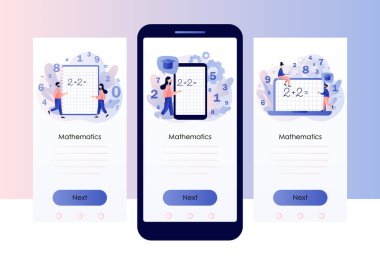 Matematik dersi. Küçük insanlar matematik öğreniyor. Aritmetik semboller. Eğitim ve bilgi kavramı. Mobil, akıllı telefon uygulaması için ekran şablonu. Modern düz çizgi film tarzı. Beyaz üzerine vektör illüstrasyonu