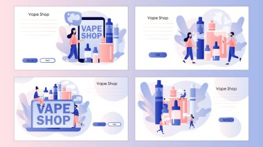 Vape Shop. Electronic cigarette products. Alternative smoking device. Dangerous addiction. Screen template for landing page, template, ui, web, mobile app, poster, banner, flyer. Vector illustration clipart