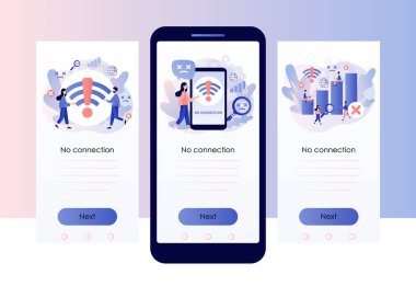 No internet connection. Wireless connectivity disconnect. Error connection wifi. No signal network. Screen template for mobile, smartphone app. Modern flat cartoon style. Vector