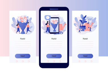 Çiçekçi konsepti. İnternette çiçekçi dükkanı. Çiçek buketi ve saksı. Çiçek işi. Çiçek teslimatı. Mobil, akıllı telefon uygulaması için ekran şablonu. Modern düz çizgi film tarzı. Vektör