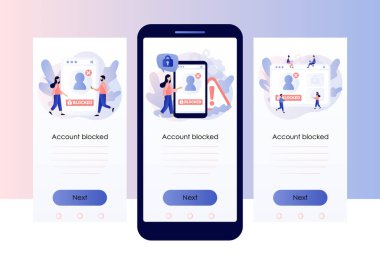 Hesap bloke edildi. Hacker siber saldırısı, sansür ya da fidye amaçlı yazılım güvenliği. Veri koruma kavramı. Siber suçlar. Mobil, akıllı telefon uygulaması için ekran şablonu. Modern düz çizgi film tarzı. Vektör