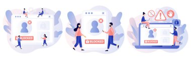 Hesap bloke edildi. Hacker siber saldırısı, sansür ya da fidye amaçlı yazılım güvenliği. Veri koruma kavramı. Siber suçlar. Modern düz çizgi film tarzı. Vektör illüstrasyonu