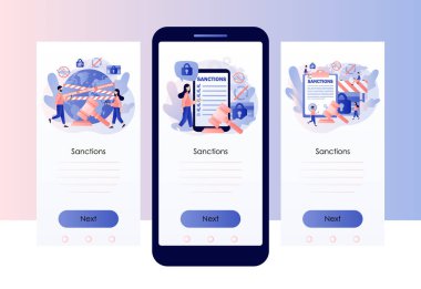 Ekonomik yaptırımlar. Uluslararası hukuku koru. Politik kavram. Ülke barışı ve güvenliği. Mobil, akıllı telefon uygulaması için ekran şablonu. Modern düz çizgi film tarzı. Vektör