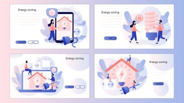 Enerji tasarrufu. Sürdürülebilirlik kavramı. Evdeki enerji tüketimini azaltır. Cihazların fişini çek. İniş sayfası, şablon, ui, web, mobil uygulama, poster, pankart, illüstrasyon için ekran şablonu