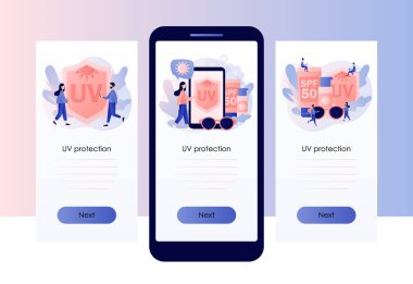 Ultraviyole ışınları. Tüpler ve güneş kremi, losyon, jöle. Farklı SPF seviyelerine sahip ürünler. Mobil, akıllı telefon uygulaması için ekran şablonu. Modern düz çizgi film tarzı. Vektör