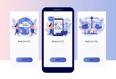 Sürdürülebilirlik kavramı. Karbondioksit salınımını azaltın. Ağ sıfır emisyon ve karbondioksit nötr dengesi. Mobil, akıllı telefon uygulaması için ekran şablonu. Modern düz çizgi film tarzı. Vektör