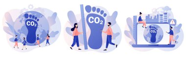 Karbon ayak izi kirliliği. CO2 emisyonu çevresel etki kavramı. Gezegen ekosistemi üzerinde tehlikeli dioksit etkisi. Modern düz çizgi film tarzı. Vektör illüstrasyonu