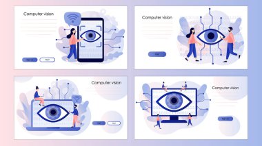 Bilgisayar görüşü. Yapay zeka konsepti. Nörolojik görüş. Video izleme sistemi. İniş sayfası, şablon, ui, web, mobil uygulama, poster, pankart, illüstrasyon için ekran şablonu