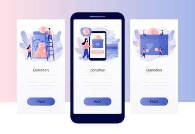 Bağış parası. Ufak tefek insanlar gönüllü para bağışlıyor. Çevrimiçi yardım ve finansal destek kavramı. Mobil, akıllı telefon uygulaması için ekran şablonu. Modern düz çizgi film tarzı. Vektör