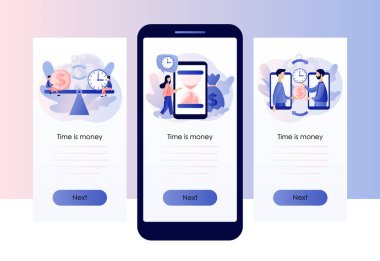 Vakit nakittir. İş konsepti. Zaman yönetimi. Küçük insanlar para için zaman değiştirirler. Mobil, akıllı telefon uygulaması için ekran şablonu. Modern düz çizgi film tarzı. Vektör