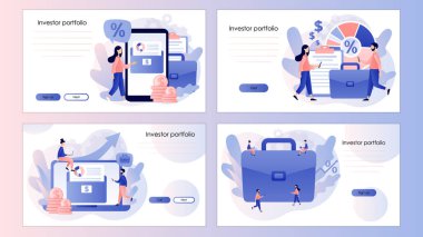 Yatırım portföyü. Yatırım stratejisi, tasarruf ve bütçe planlayan küçük insanlar. Çeşitli varlıklar. İniş sayfası, şablon, ui, web, mobil uygulama, poster, afiş, el ilanı için ekran şablonu. Vektör