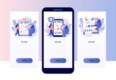 IQ testi. Zeka Sayısı. Küçük insanlar bilişsel yetenekleri belirler. Mobil, akıllı telefon uygulaması için ekran şablonu. Modern düz çizgi film tarzı. Vektör