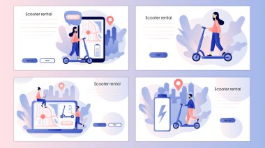Elektrikli scooter kiralama konsepti. Ekolojik nakliye. Şehir ulaşımı. Modern yaşam tarzı. İniş sayfası, şablon, ui, web, mobil uygulama, poster, pankart, broşür taşıyıcı