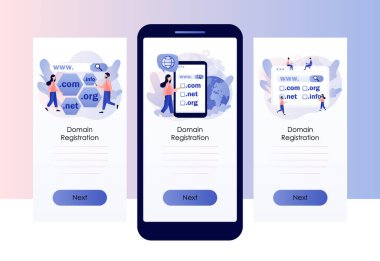 Alan adı tescil konsepti. Küçük insanlar web sitesi alan adını seçer, bulur, alır ve kaydeder. Çevrimiçi sunucu servisi. Mobil, akıllı telefon uygulaması için ekran şablonu. Modern düz çizgi film tarzı. Vektör