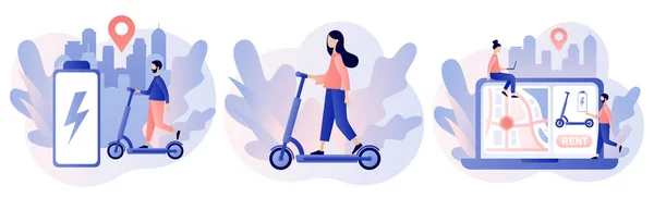 stock vector Electric scooter rental concept. Ecological transport. Urban transportation. Modern lifestyle. Tiny people rid electric scooter. Modern flat cartoon style. Vector illustration