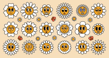 Karikatür suratlı papatya çiçekleri. Farklı duygularla papatya çiçeği açar. Çıkartma paketi modaya uygun modaya uygun. 30 'lu, 50' li, 60 'lı yılların komik gülüşü. Vektör