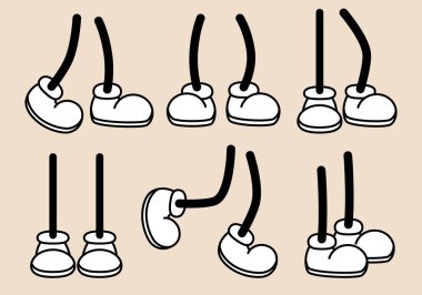 Retro çizgi film bacakları. Ayakkabılı komik ayaklar. Farklı ayak hareketleri ve pozisyonlar. Animasyon maskotu vücut parçaları. Vektör